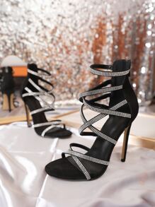 Women Rhinestone Decor Stiletto Heeled Sandals, Glamorous Summer Glass Ankle Strap Sandals Valentines - Black - View 2