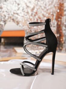 Women Rhinestone Decor Stiletto Heeled Sandals, Glamorous Summer Glass Ankle Strap Sandals Valentines - Black - View 3