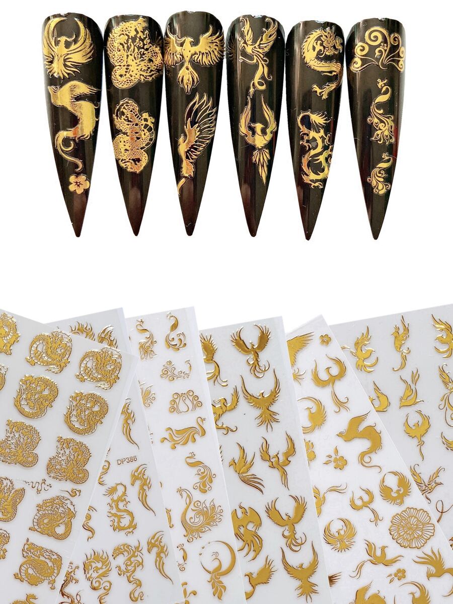 6 hojas Pegatina de arte de uña dragón chino & con patrón de fénix