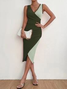 SHEIN Privé Đầm Bất đối xứng Xù Trọn gói Khối Màu Thanh lịch - xanh quân đội - Xem 3