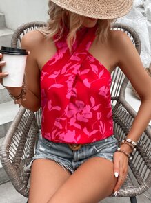 SHEIN VCAY 印花交叉繞頸襯衫 - 紅色 - 查看 1