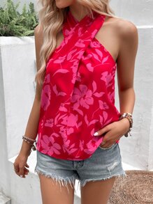 SHEIN VCAY 印花交叉繞頸襯衫 - 紅色 - 查看 3