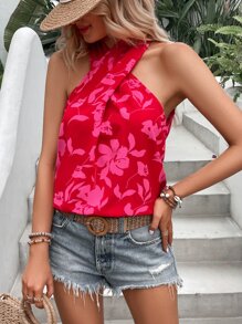 SHEIN VCAY 印花交叉繞頸襯衫 - 紅色 - 查看 5