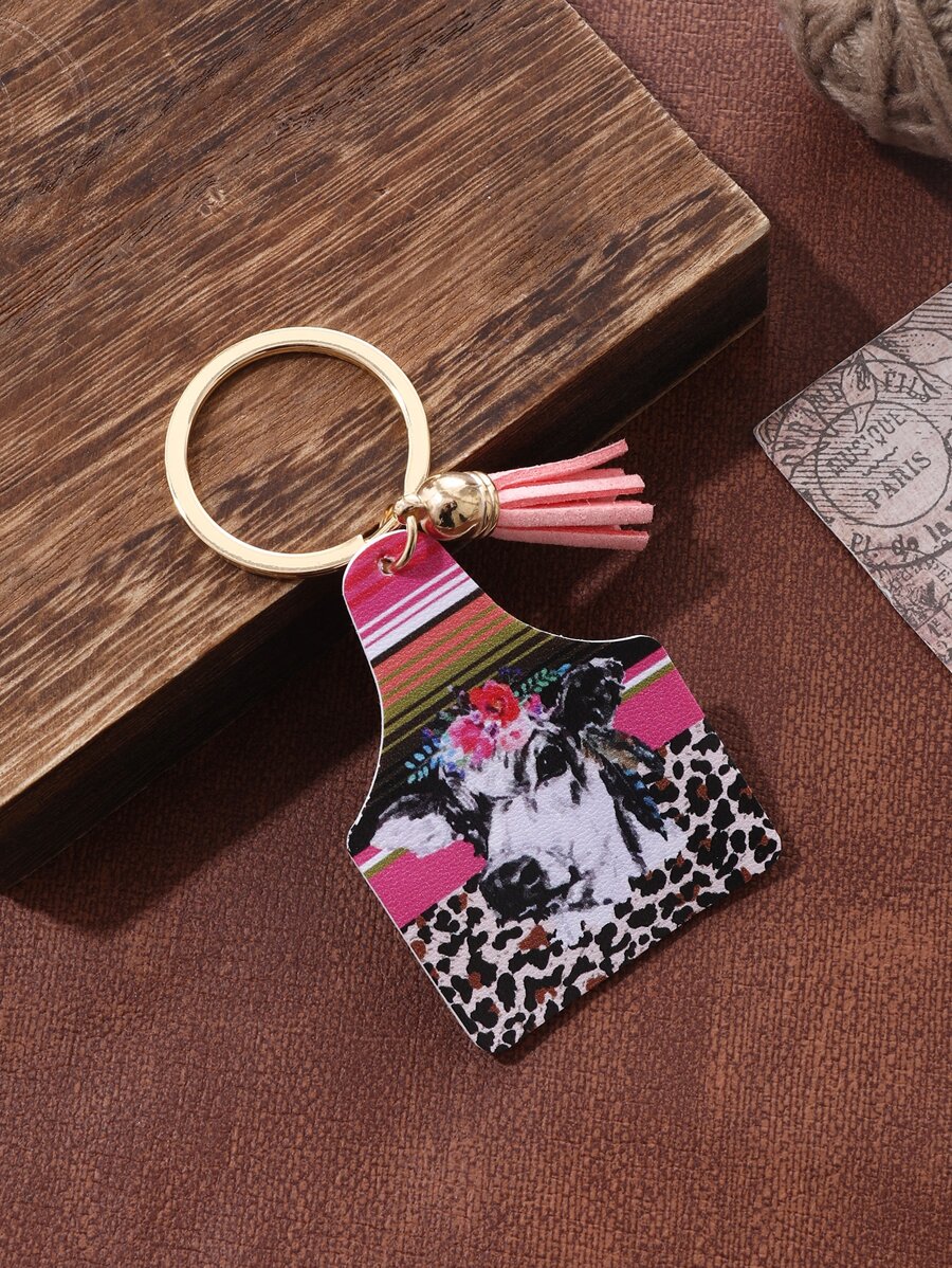 1 Miếng Phương Tây Nông trại Phong cách Con bò Đầu & Báo In Da Tua Móc chìa khóa - Nhiều màu - Xem 1