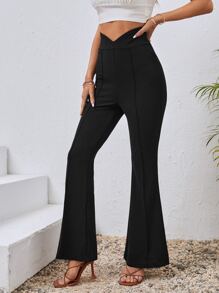 SHEIN Privé Solid Flare Leg Trousers - Black - View 3