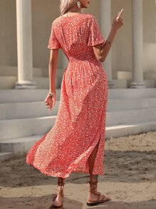 Breezaya 碎花蝴蝶袖高衩連衣裙 - 橘色 - 查看 2