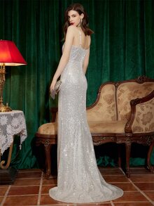 Split Thigh Sequin Cami Dress - White - View 2