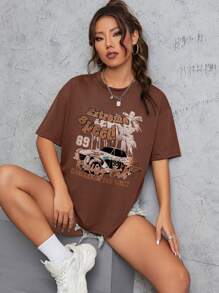 SHEIN EZwear 汽車和字母圖案落肩T恤 - 咖啡棕 - 查看 1