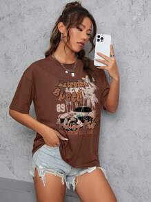 SHEIN EZwear 汽車和字母圖案落肩T恤 - 咖啡棕 - 查看 4