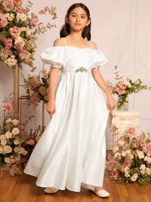 SHEIN Chica preadolescente 1 pieza Vestido de fiesta con diseño de diamante de imitación de hombros descubiertos de manga farol