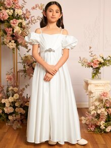 SHEIN Chica preadolescente 1 pieza Vestido de fiesta con diseño de diamante de imitación de hombros descubiertos de manga farol