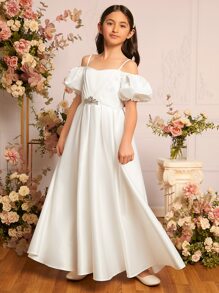SHEIN Chica preadolescente 1 pieza Vestido de fiesta con diseño de diamante de imitación de hombros descubiertos de manga farol