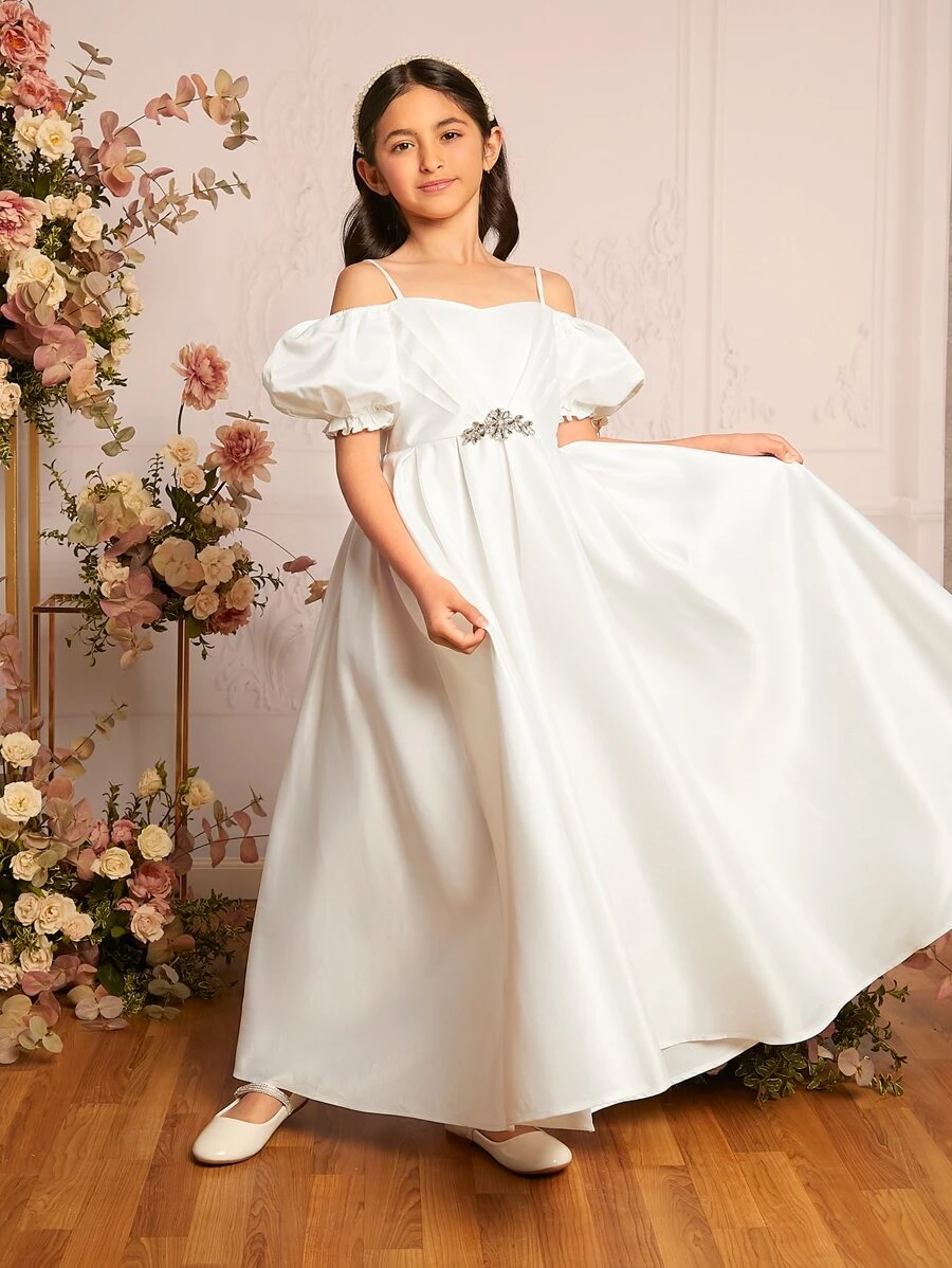 SHEIN Chica preadolescente 1 pieza Vestido de fiesta con diseño de diamante de imitación de hombros descubiertos de manga farol