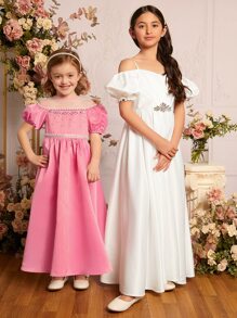 SHEIN Chica preadolescente 1 pieza Vestido de fiesta con diseño de diamante de imitación de hombros descubiertos de manga farol
