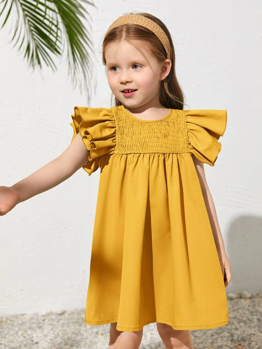 SHEIN Toddler Girls Ruffle Trim Smock Dress - Yellow - View 1