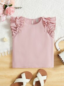 SHEIN Niñas Blusa ribete con fruncido de espalda con abertura de ojo ribete con fruncido - Rosa vieja - Ver 1