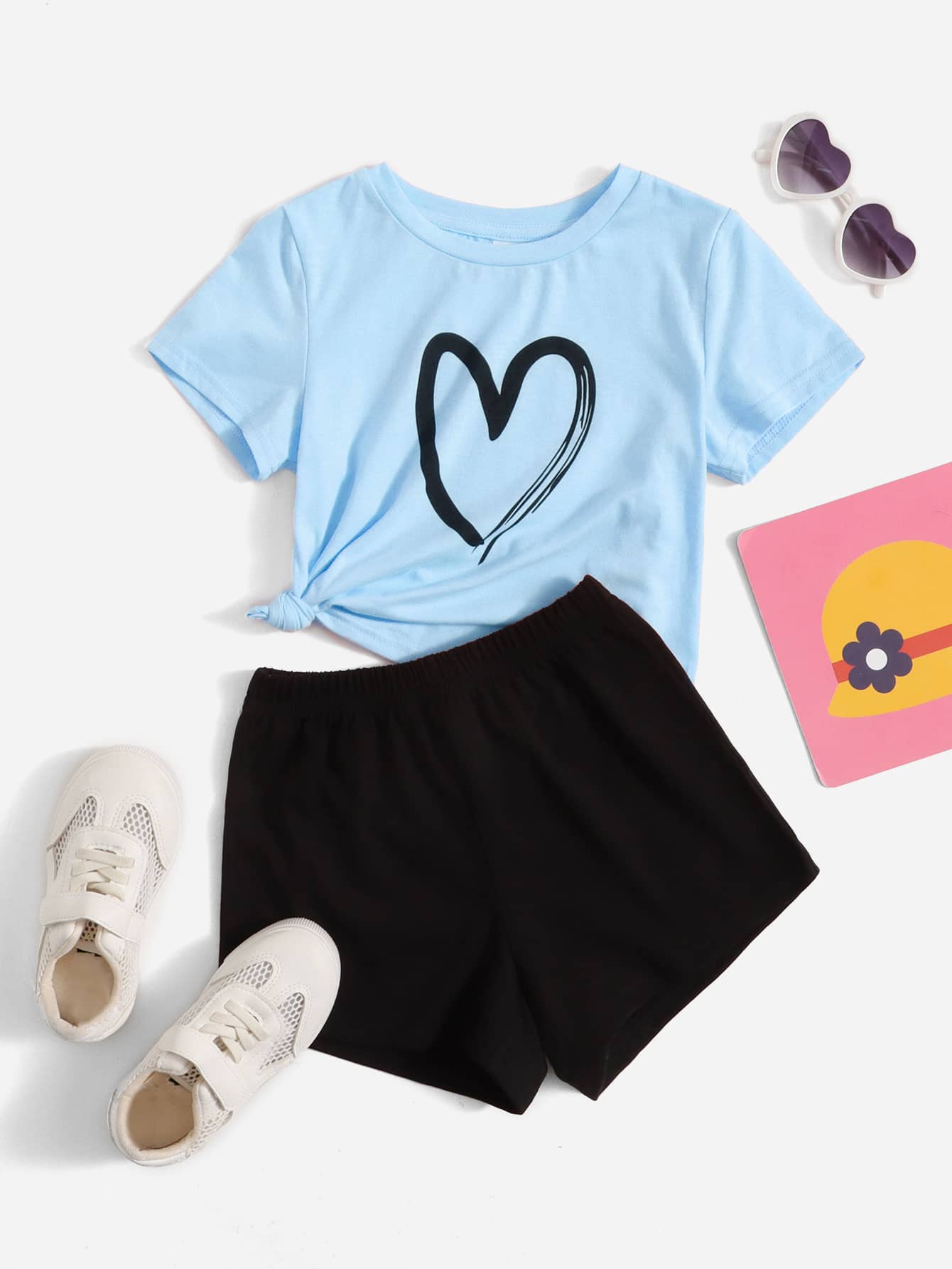 SHEIN Leap Crew Young Girl Toddler Girls Heart Print Tee & Shorts - Baby Blue - View 1