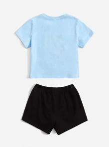 SHEIN Leap Crew Young Girl Toddler Girls Heart Print Tee & Shorts - Baby Blue - View 2