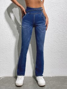 SHEIN PETITE 高腰牛仔喇叭褲 - 深色水洗藍 - 查看 3