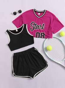 SHEIN 青少年女孩背心上衣和字母圖案T恤和短褲 - 玫紅色 - 查看 1