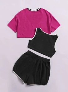 SHEIN 青少年女孩背心上衣和字母圖案T恤和短褲 - 玫紅色 - 查看 2