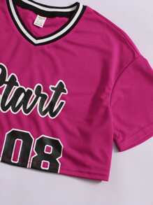 SHEIN 青少年女孩背心上衣和字母圖案T恤和短褲 - 玫紅色 - 查看 5