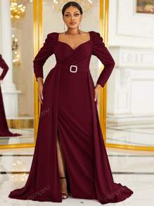 YISIKADO Große Größen Kleid mit Schlitz am Oberschenkel, Strass Gürtel, Herzausschnitt, Raffung, Ballkleid für Neujahrsparty Frauen