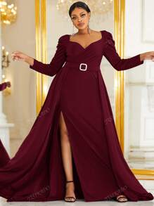 YISIKADO Große Größen Kleid mit Schlitz am Oberschenkel, Strass Gürtel, Herzausschnitt, Raffung, Ballkleid für Neujahrsparty Frauen