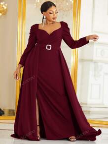 YISIKADO Große Größen Kleid mit Schlitz am Oberschenkel, Strass Gürtel, Herzausschnitt, Raffung, Ballkleid für Neujahrsparty Frauen