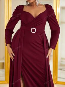 YISIKADO Große Größen Kleid mit Schlitz am Oberschenkel, Strass Gürtel, Herzausschnitt, Raffung, Ballkleid für Neujahrsparty Frauen