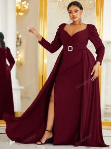YISIKADO Große Größen Kleid mit Schlitz am Oberschenkel, Strass Gürtel, Herzausschnitt, Raffung, Ballkleid für Neujahrsparty Frauen