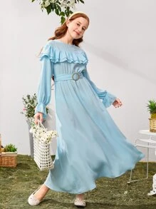 SHEIN 青少年女孩荷葉邊荷葉袖繫腰帶洋裝