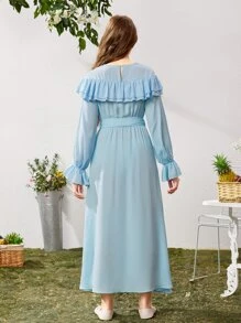 SHEIN 青少年女孩荷葉邊荷葉袖繫腰帶洋裝