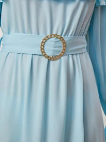 SHEIN 青少年女孩荷葉邊荷葉袖繫腰帶洋裝