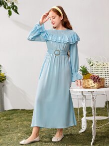 SHEIN 青少年女孩荷葉邊荷葉袖繫腰帶洋裝