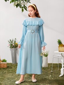 SHEIN 青少年女孩荷葉邊荷葉袖繫腰帶洋裝