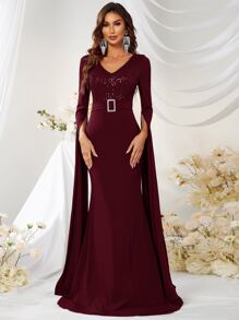 YISIKADO Rhinestone Detail Mermaid Hem Formal Dress - Burgundy - View 1