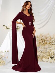 YISIKADO Rhinestone Detail Mermaid Hem Formal Dress - Burgundy - View 3