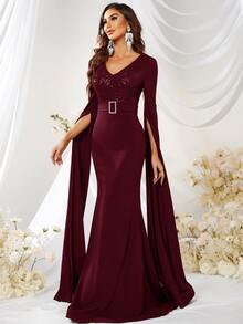 YISIKADO Rhinestone Detail Mermaid Hem Formal Dress - Burgundy - View 4