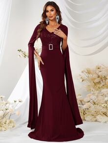 YISIKADO Rhinestone Detail Mermaid Hem Formal Dress - Burgundy - View 6