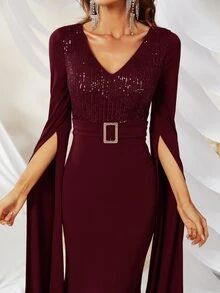 YISIKADO Rhinestone Detail Mermaid Hem Formal Dress - Burgundy - View 7