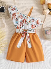 SHEIN 女孩印花不對稱領荷葉邊上衣和短褲 - 彩色 - 查看 1