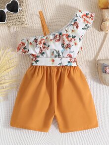 SHEIN 女孩印花不對稱領荷葉邊上衣和短褲 - 彩色 - 查看 2