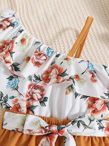 SHEIN 女孩印花不對稱領荷葉邊上衣和短褲 - 彩色 - 查看 6