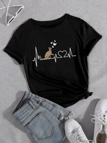 SHEIN LUNE 卡通圖案T恤 - 黑色 - 查看 1