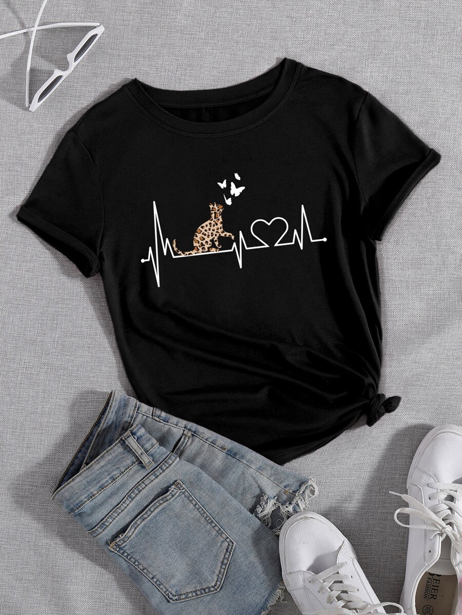 SHEIN LUNE 卡通圖案T恤 - 黑色 - 查看 1