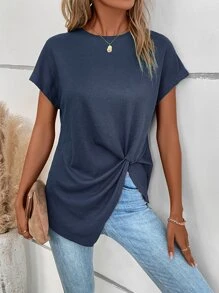 SHEIN LUNE Twist Front Batwing Sleeve Tee - Navy Blue - View 4