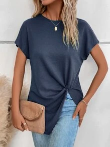SHEIN LUNE Twist Front Batwing Sleeve Tee - Navy Blue - View 5