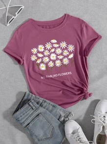 SHEIN LUNE Áo thun nữ Hoa Slogan Giải trí - Màu tím - Xem 1