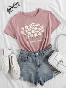 SHEIN LUNE 花卉和口号图案 T 恤 NO RAIN,NO FLOWERS 图案 T 恤 女式上衣 - 淺粉色 - 查看 1